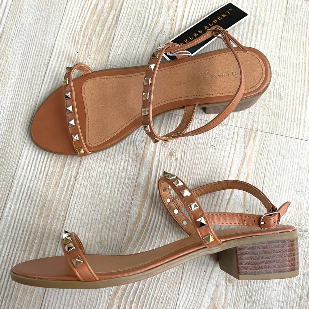 Charles Albert Cassie Studded Block Heel Sandals | Brown Size 8